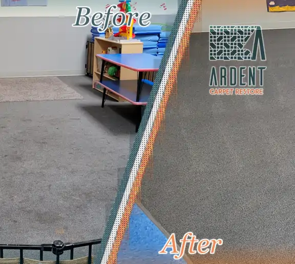 Before & After, heavily soiled carpet cleaning of a pre-school