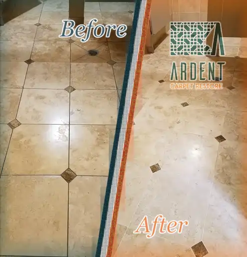 Before & After, travertine cleaning of a commercial bathroom